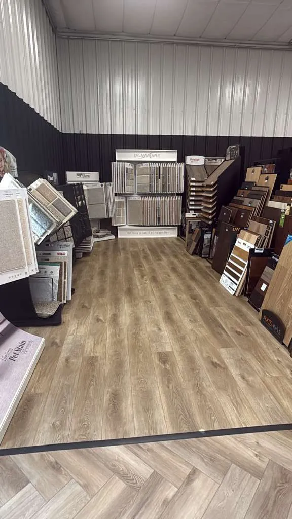 Wood and tile sample boards in the All About Floors showroom